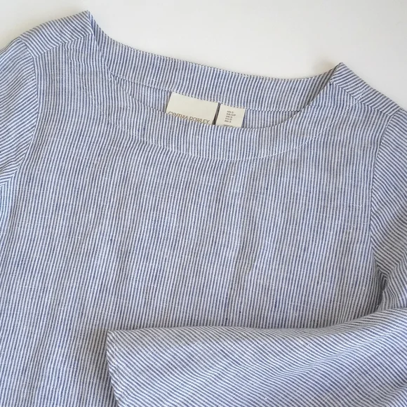 Cynthia Rowley 100% Linen Blue & White Pinstripe Bell Sleeve Top M - Picture 4 of 10